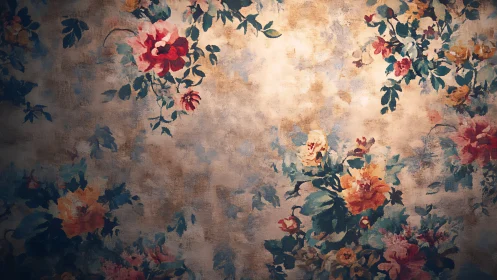 Vintage floral mural reveals textured patina and soft vignetting