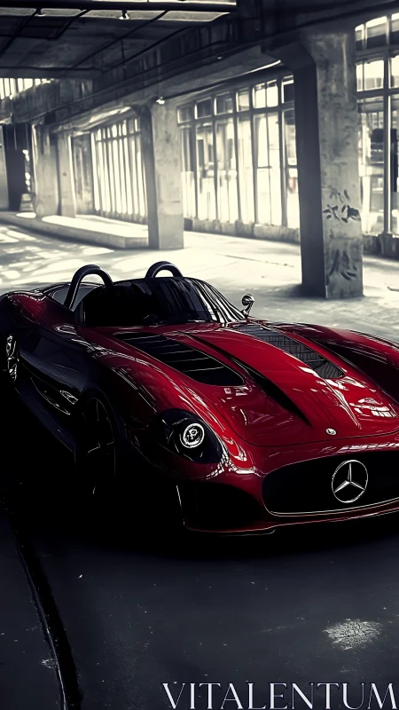 Red Mercedes roadster in dim industrial parking space.
