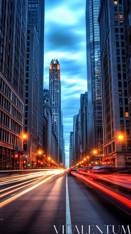 City lights racing beneath a calm blue evening sky.