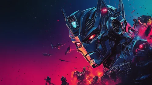 Giant robotic warrior head looms over neon sci fi battlefield