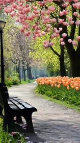 Pink Magnolia Canopy: A Park Bench's Springtime Reverie.