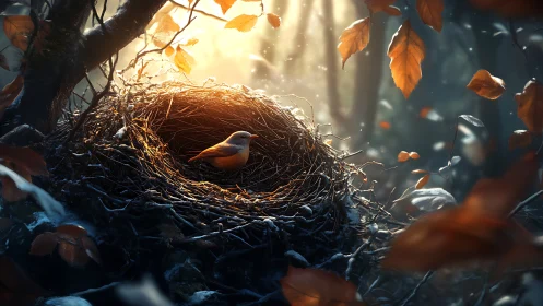 Backlit avian nest microhabitat in autumn forest lumen study.