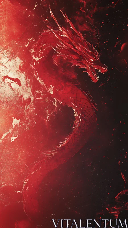 Red spectral dragon coiled in dark cosmic void.
