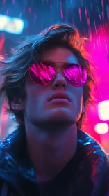 Neon-soaked portrait captures cool youth in reflective shades.