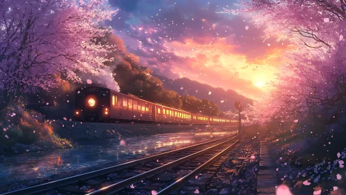 Sunset commuter train glides through luminous cherry blossoms