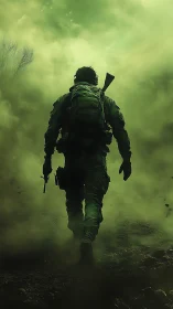 Lone tactical soldier advances through toxic green fog field