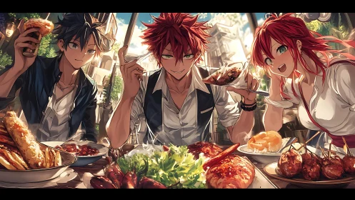 Anime friends share gourmet feast under warm daylight tones.