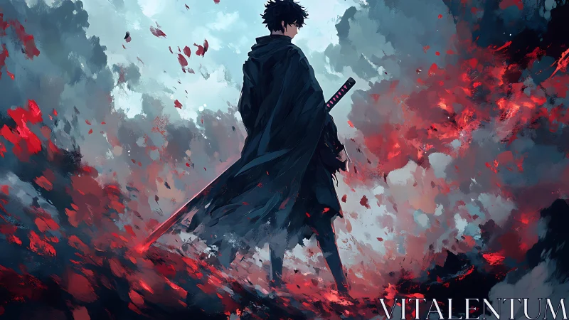 Stormlit swordsman strides through shattering crimson sky.