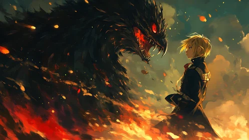 Human figure facing large fiery dragon in swirling flames.