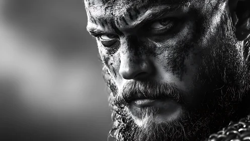 High contrast warrior close-up reveals gritty facial texture and menace