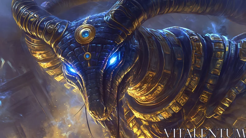 Celestial horned serpent priest forged in blue and gold fire.