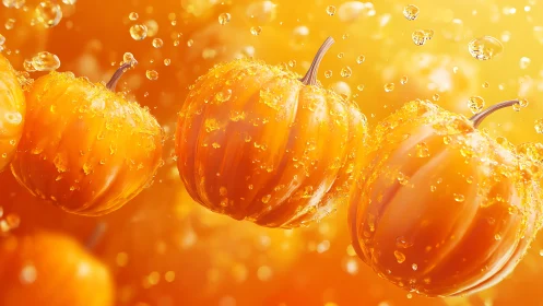 3D translucent pumpkins in effervescent liquid suspension.