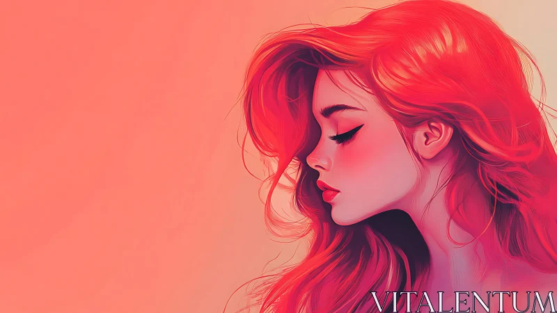 Crimson-haired profile in soft neon gradient glow portrait.