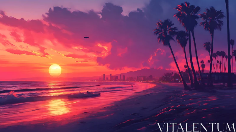 Sunset tide of neon dreams along a quiet palm coast.