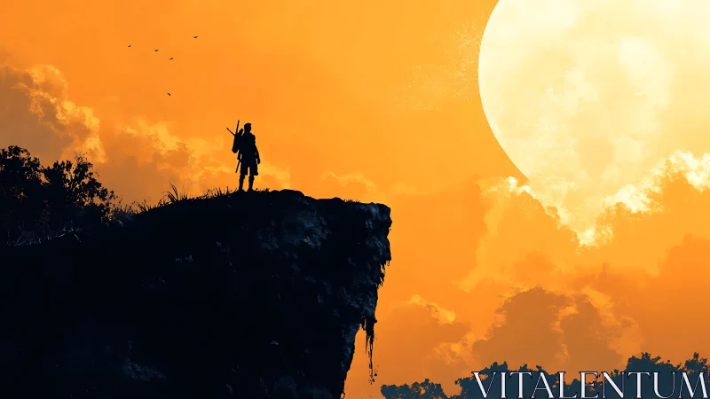 Lone cliff wanderer drinking in a colossal molten sunset.