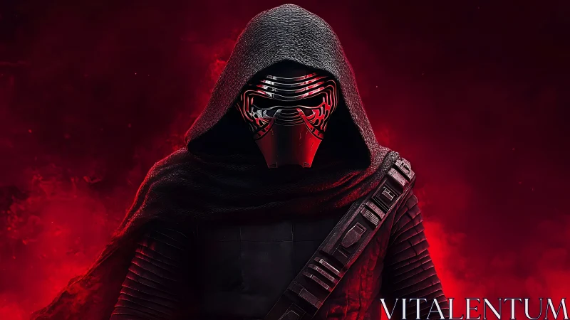 Crimson nebula swallows a masked warrior in burning silence