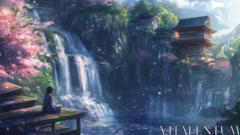 Waterfall temple dreams under drifting cherry blossom skies.