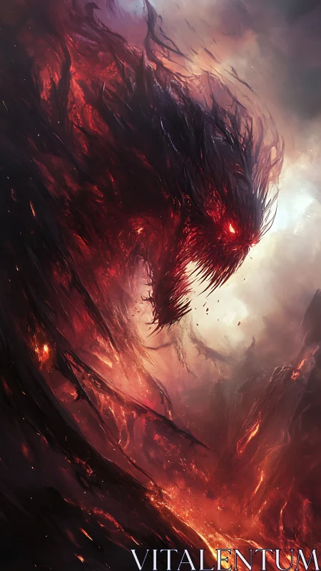 Fiery shadow spirit rises in swirling smoke and molten light