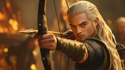 Golden-haired archer poised in firelit fantasy battle.