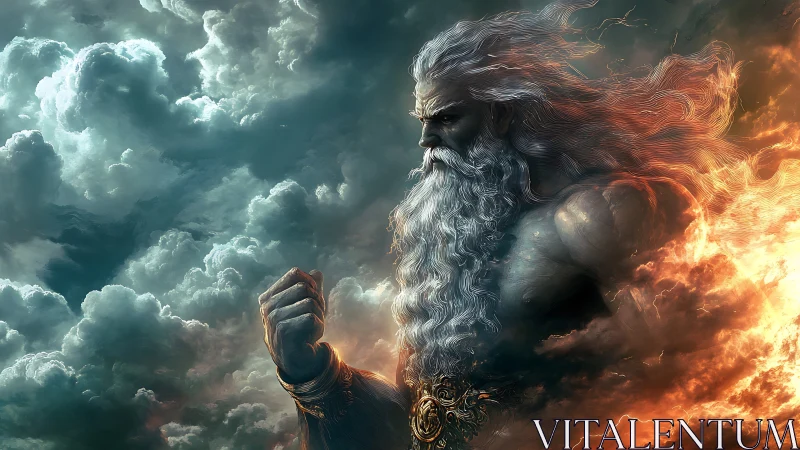 Storm deity in turbulent cloudscape with fiery atmospheric rim