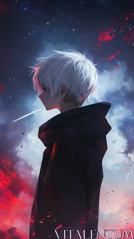 White-haired boy in black cloak stands under burning sky