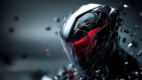 Cybernetic helmet portrait with red visor and shards.