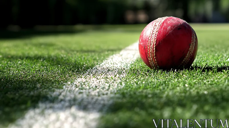 Red cricket ball resting on boundary line in sunlight.