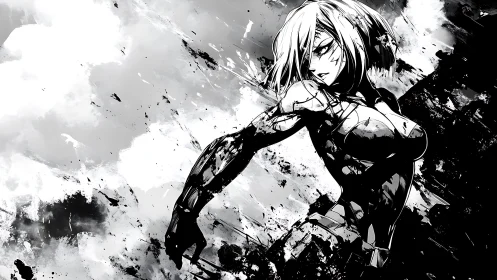 Monochrome anime figure emerges from abstract ink field