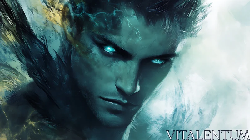 Close-up digital portrait shows glowing-eyed male figure