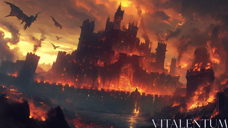 Fortified infernal citadel under aerial dragon siege at dusk