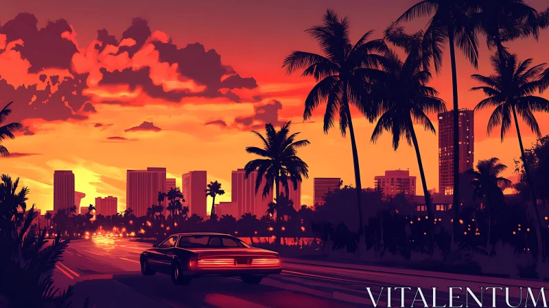 Retro muscle car cruising under neon sunset skyline.