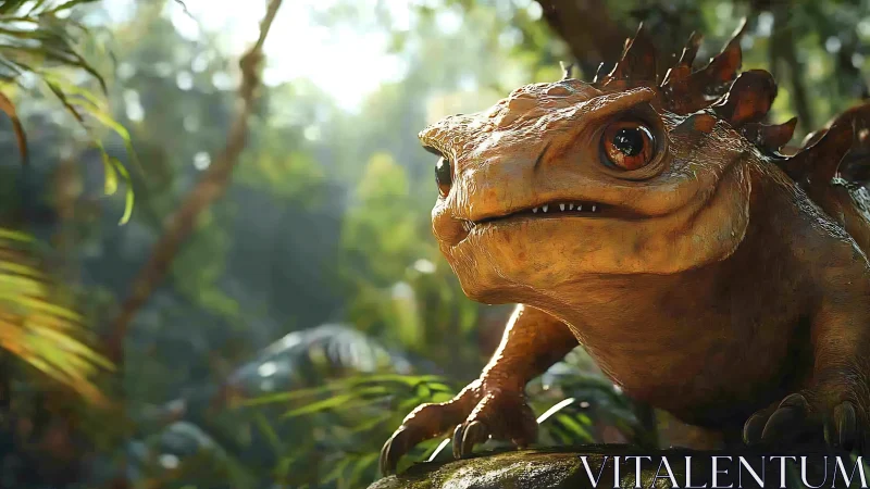 Curious forest lizard-creature basking in soft jungle light.