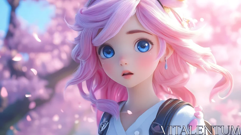 Anime portrait under sakura canopy with luminous bokeh depth.