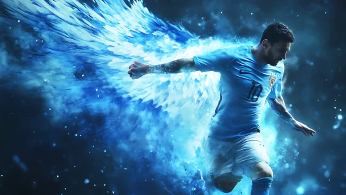 Digital football figure with abstract blue winged motion.