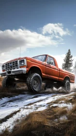 Lifted orange pickup truck climbs snowy off road trail.