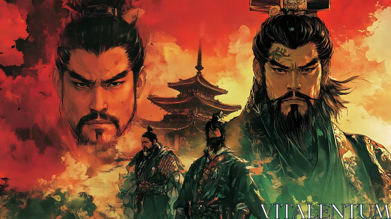 Warlord portraits dominate fiery samurai battlefield panorama