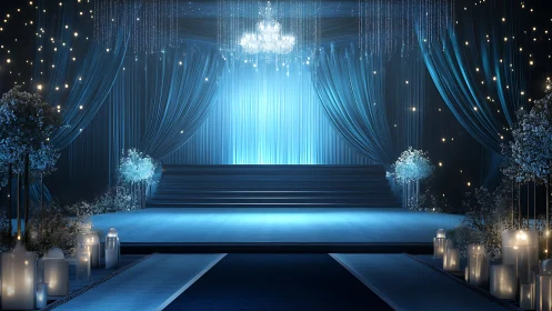 Dreamy blue ballroom stage glowing with soft candlelight.