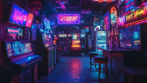 Neon-soaked retro arcade bar alive with late night color.