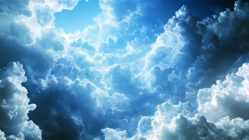 Sunlit cumulus cloudscape opening into deep blue sky.