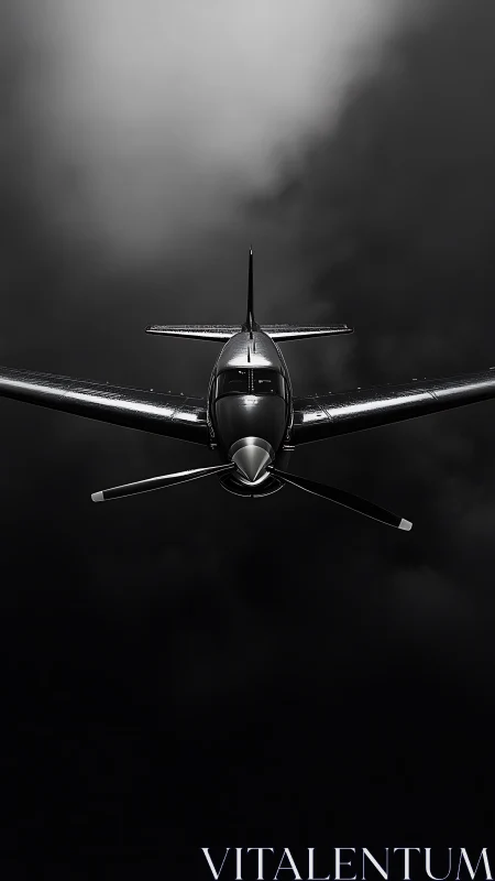 Sleek propeller aircraft cuts through dramatic storm clouds