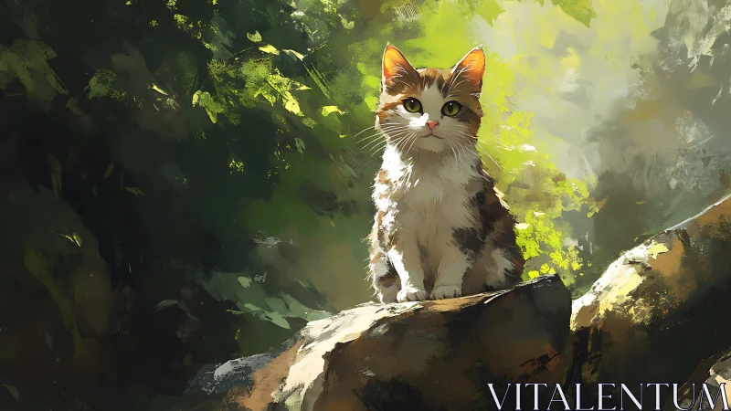 Tabby and White Kitten on Stone Branch in Dappled Forest Light