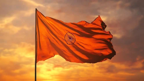Sunlit saffron flag of India swirling against ember skies.