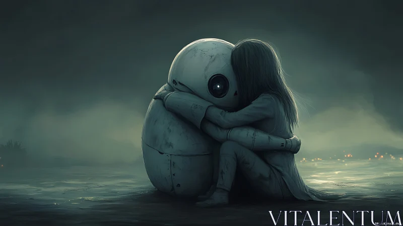 Child embraces rounded robot on misty shoreline at night