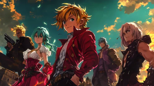 Heroic anime squad under dramatic sunset skyline.