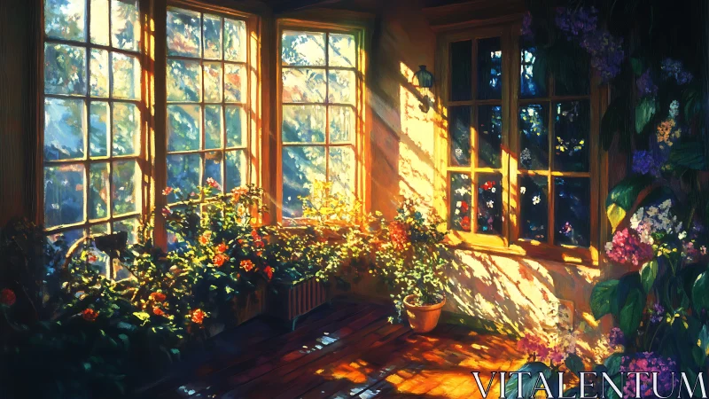 Sunlit conservatory lets painted flowers rehearse for spring