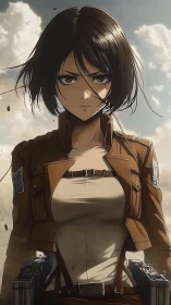 Female anime soldier stands in uniformed frontal view