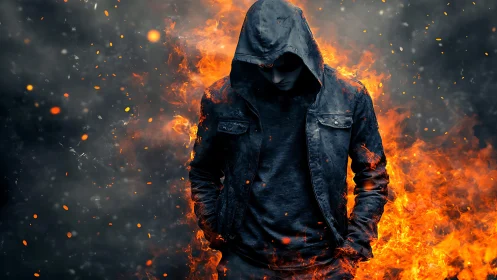 Hooded figure in dark jacket isolated amid high contrast flames