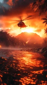 Rescue helicopter crosses stormy tropical coast at sunset