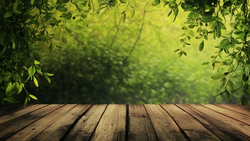 Rustic wooden table under leafy canopy in natural green setting.