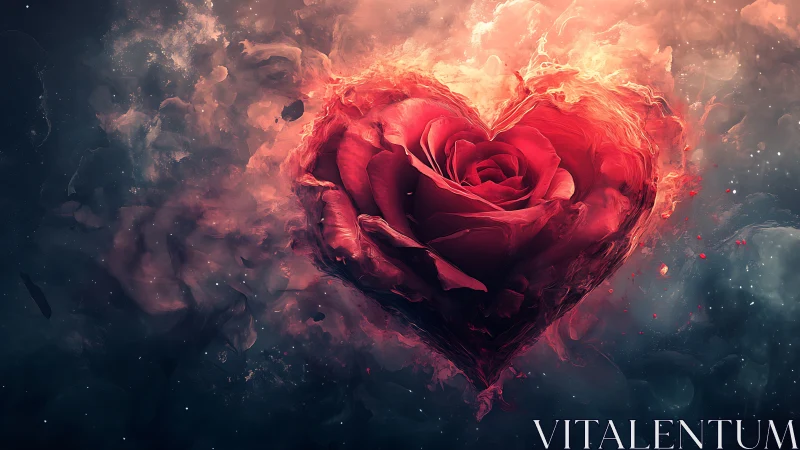 Heart-Shaped Rose Ablaze in Cosmic Flames